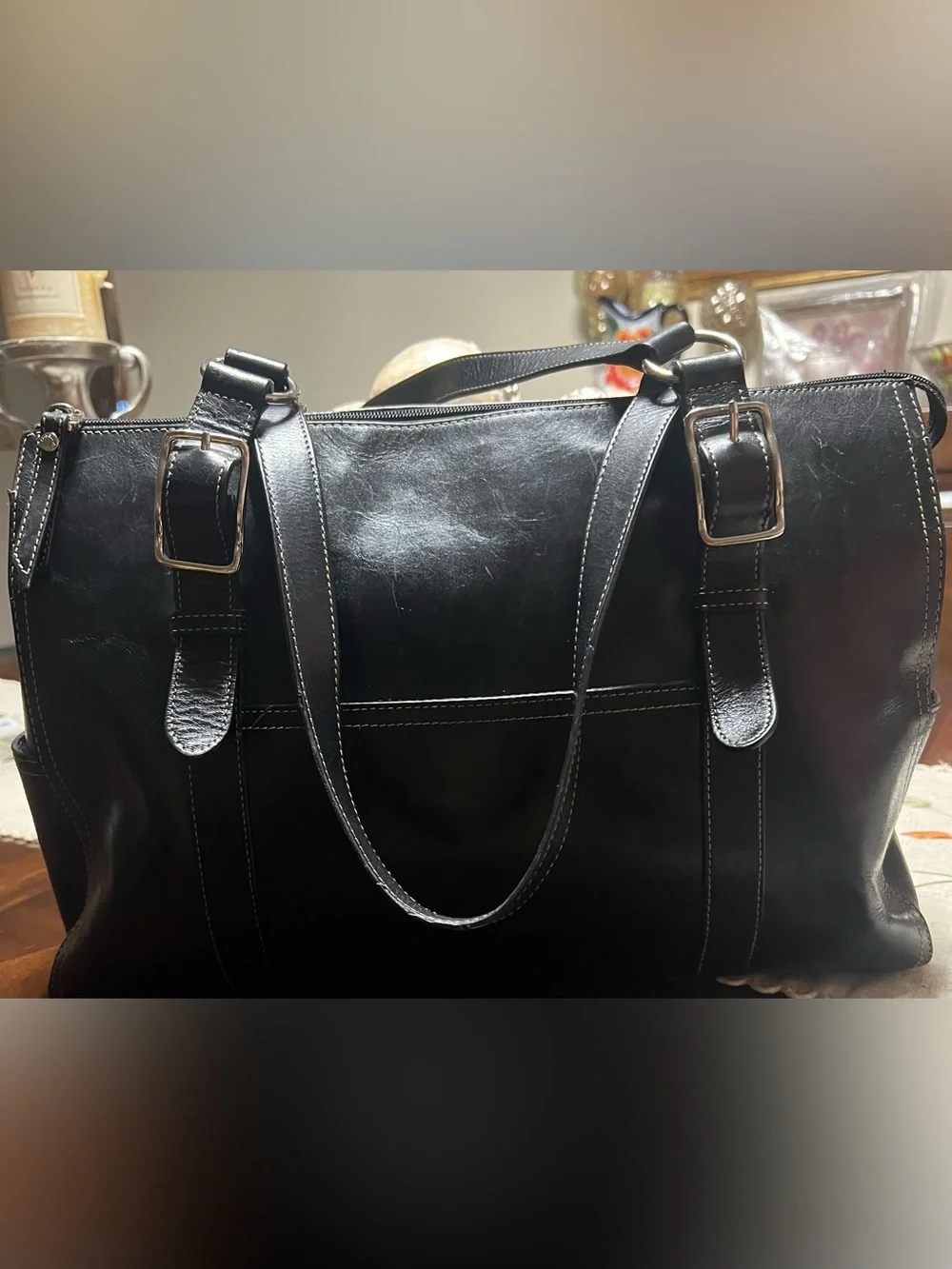 Fossil Black Leather Purse/ Briefcase with Magenta Lining
